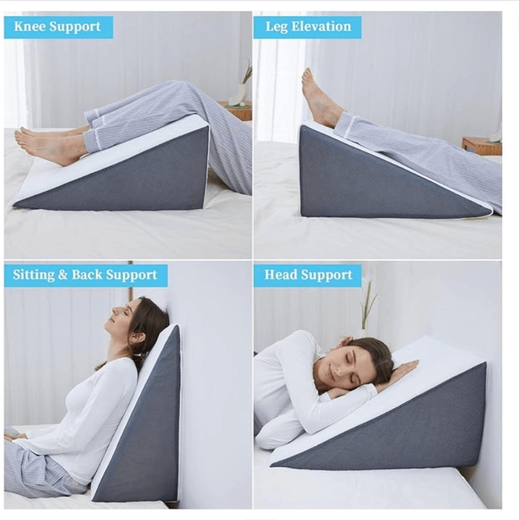Adjustable wedge pillow for back, leg, and elevated support.