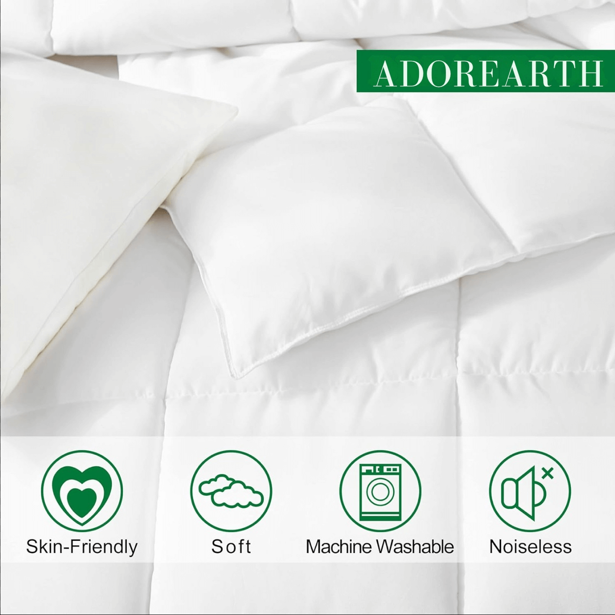 Close-up image of Adoreearth's white Organic Bamboo Microfibre Quiltr and pillow, emphasizing its skin-friendly, soft, machine-washable, and noiseless features. The Adoreearth logo is prominently displayed, highlighting the brand's commitment to quality and comfort.