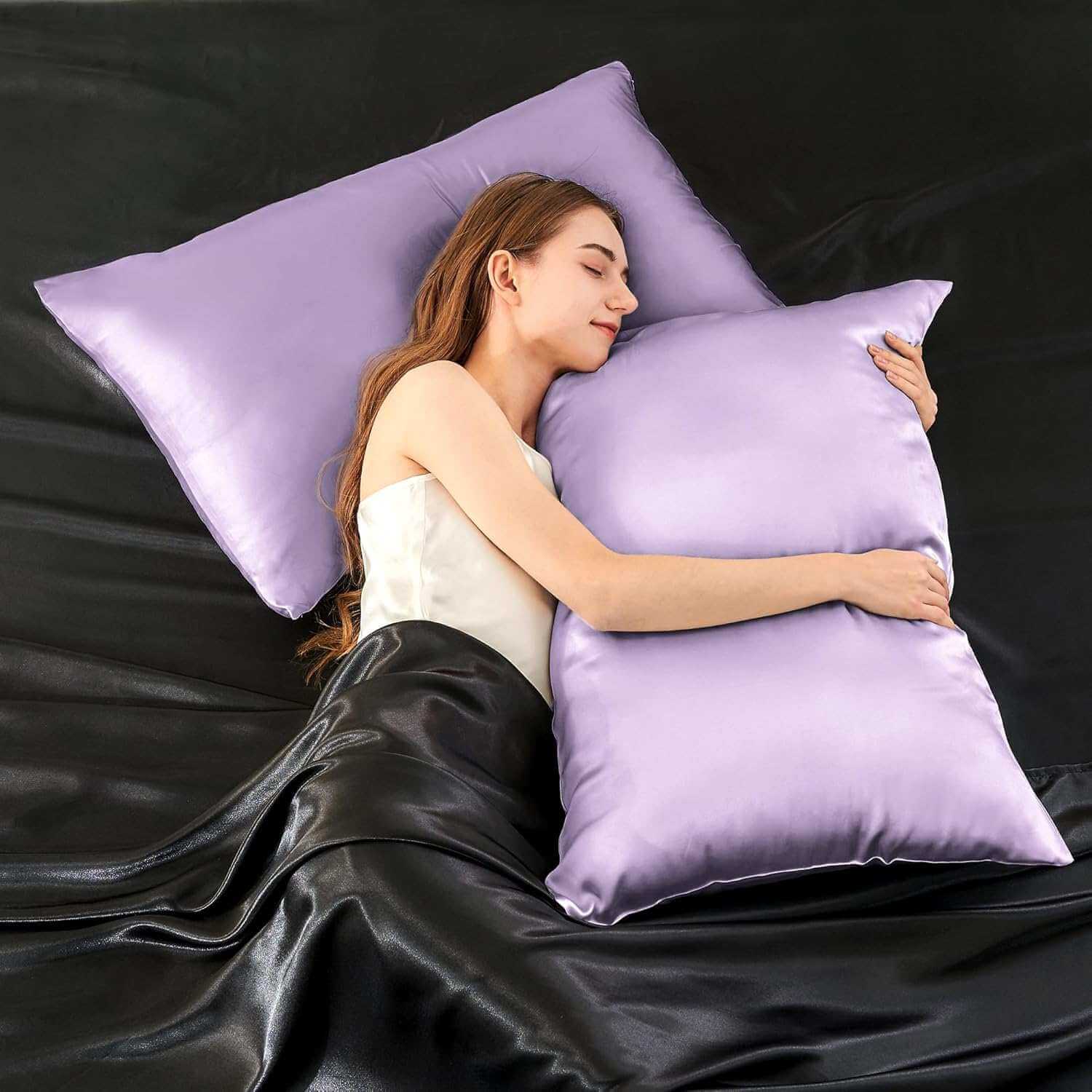 Woman resting on a luxurious lavender silk pillow case, highlighting its ultra-soft and smooth texture. This silk pillow case is designed for superior comfort, hair protection, and a breathable, skin-friendly sleep experience.