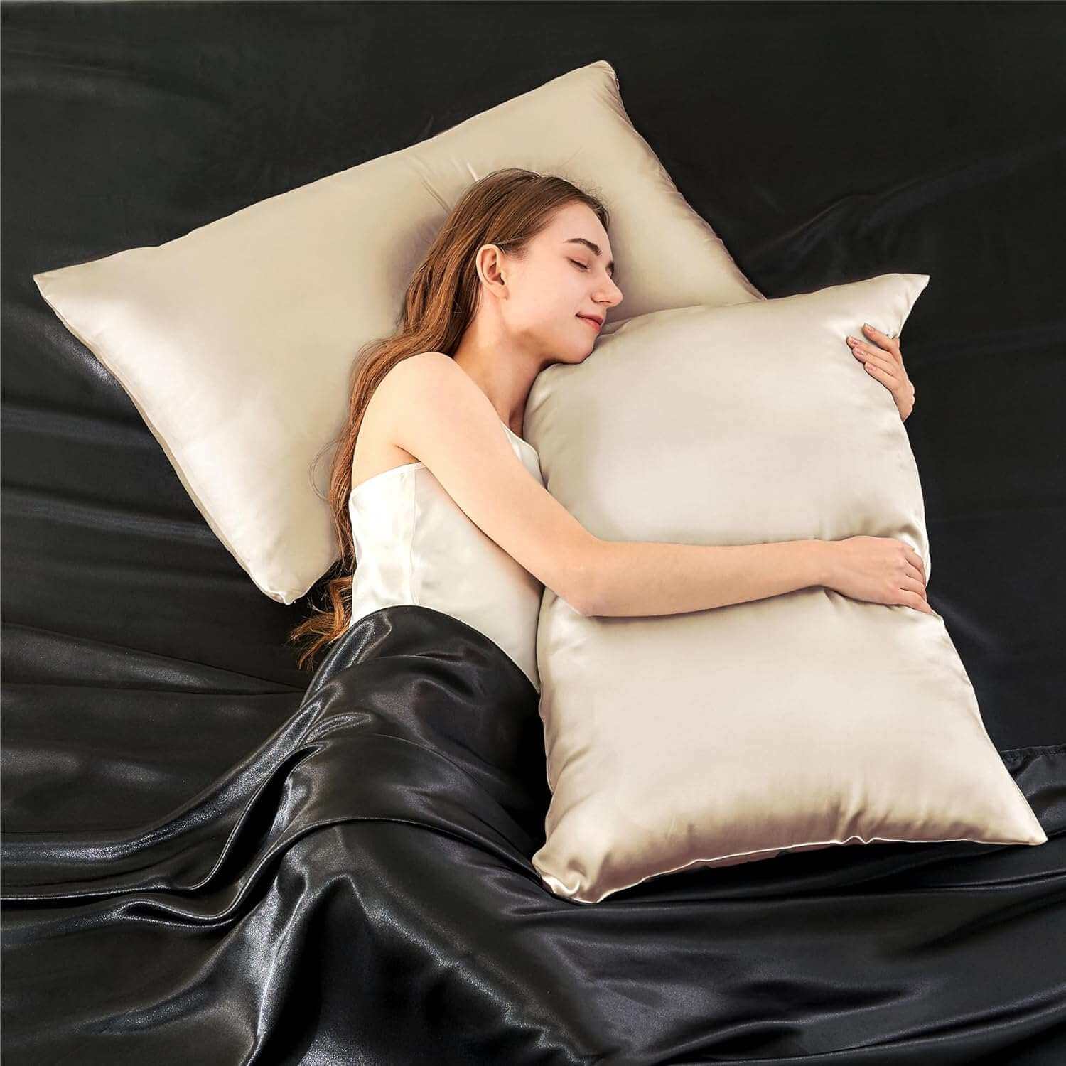 Woman resting on a luxurious champagne-colored silk pillow case, highlighting its ultra-soft and smooth texture. This silk pillow case is designed for superior comfort, hair protection, and a breathable, skin-friendly sleep experience