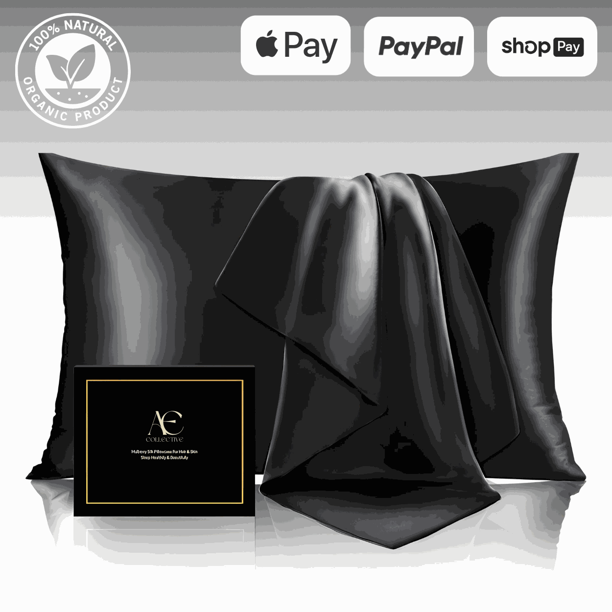 Luxurious black silk pillow case set, featuring ultra-soft and smooth fabric for a comfortable and elegant sleep experience. This silk pillow case is breathable, hypoallergenic, and designed to protect hair and skin while enhancing bedroom aesthetics.