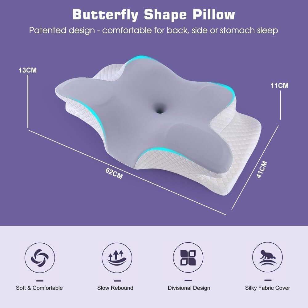 "Butterfly pillow with labeled ergonomic contours for head, neck, and shoulder support, displayed on a purple background. Text reads 'Butterfly Shape Pillow' and highlights features such as soft memory foam, breathable material, and spinal alignment supp