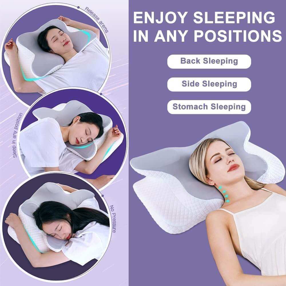 Four people sleeping in different positions using a butterfly pillow, demonstrating support for back, side, and stomach sleepers. Text reads 'Quality Sleeping in Any Position' on a purple background, showcasing the pillow's versatility and ergonomic comfo