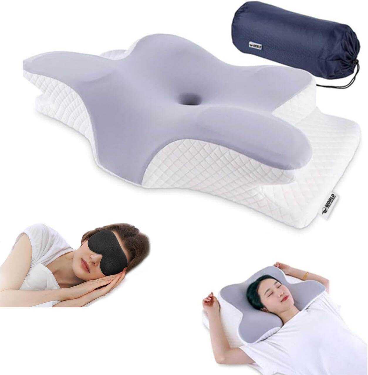 Butterfly pillow with an ergonomic, contoured design in white and grey, shown with a small navy-blue travel bag. Additional insets show people sleeping on their backs and sides, demonstrating the pillow's support for different sleeping positions