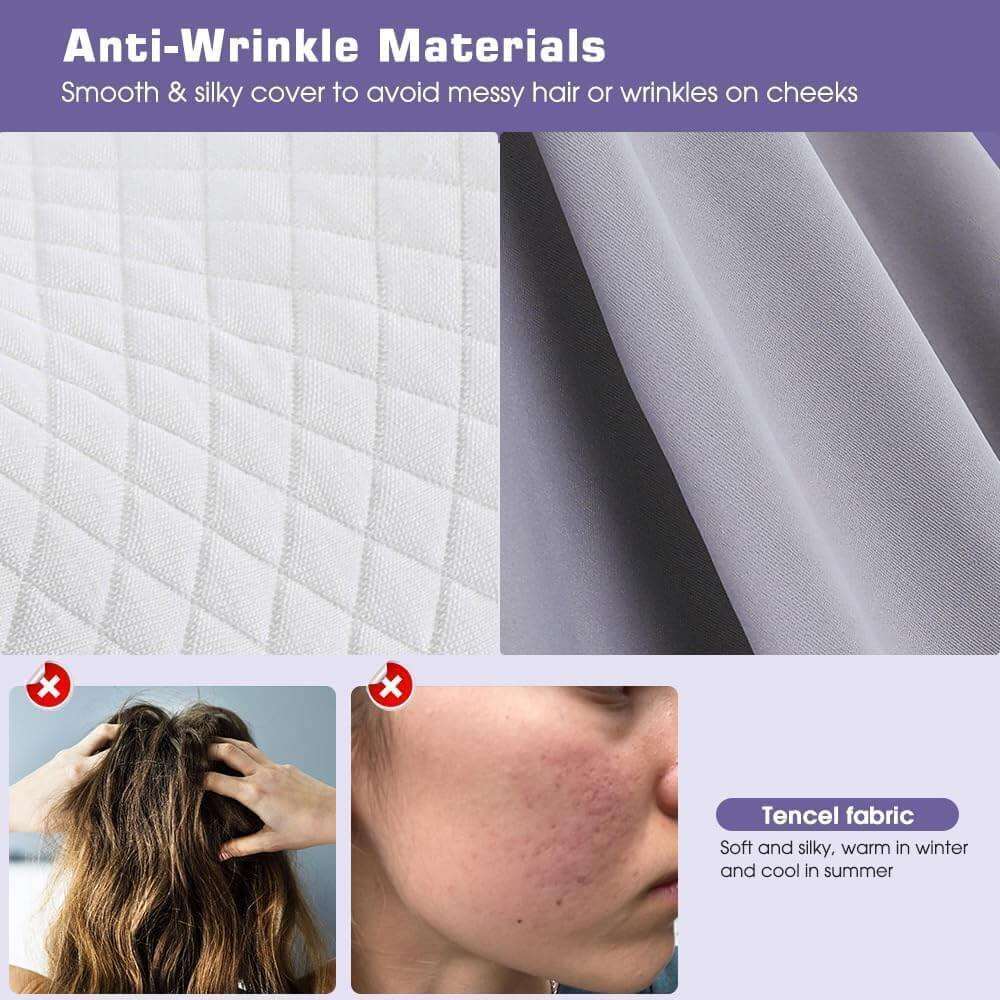 "Close-up of breathable and skin-friendly fabrics used in the butterfly pillow, featuring soft textured material and smooth grey fabric. Smaller images show a woman outdoors, a close-up of her cheek, and a label emphasizing hypoallergenic and gentle-touc