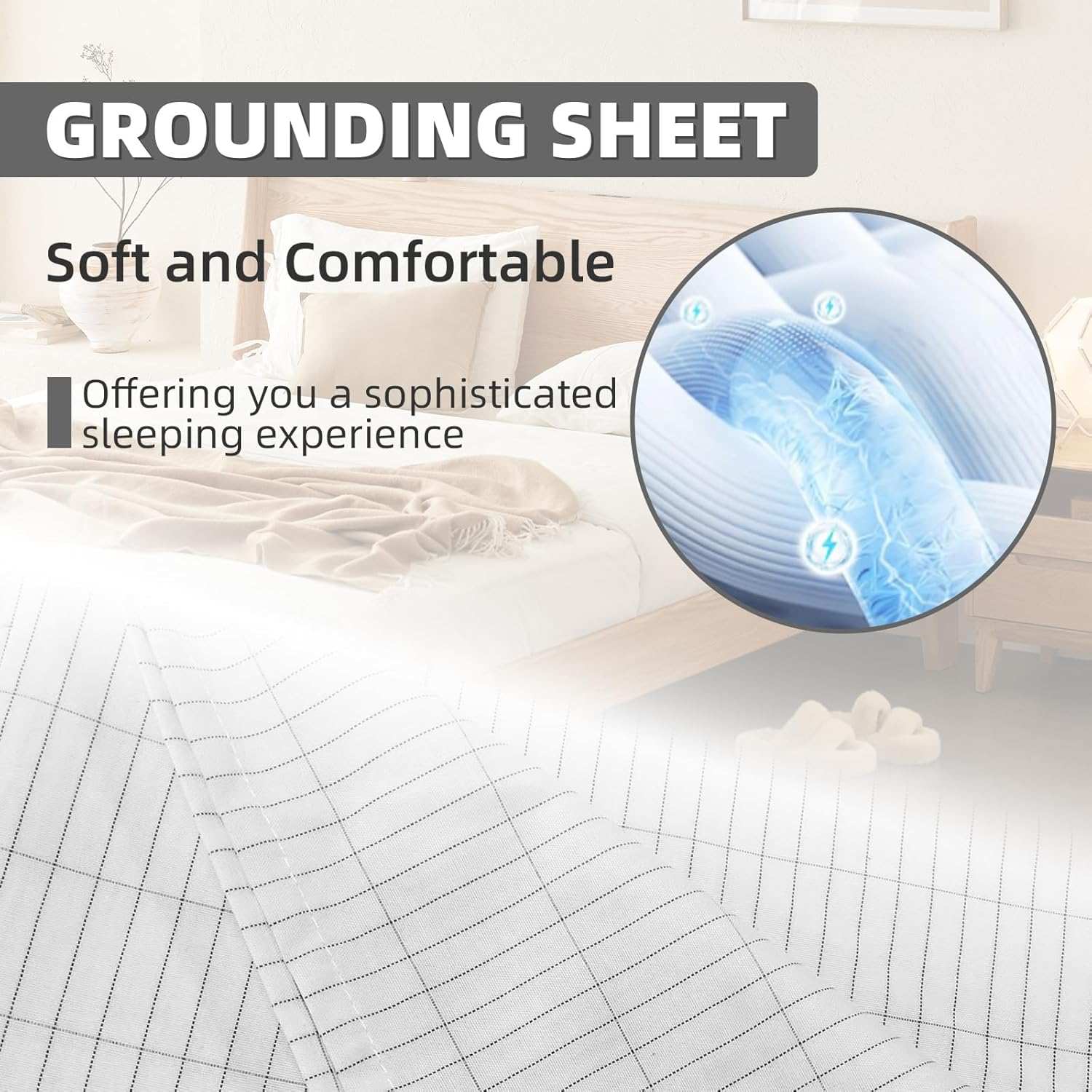 Different size options for grounding sheets, displayed on neatly made beds, designed to improve sleep quality and overall well-being
