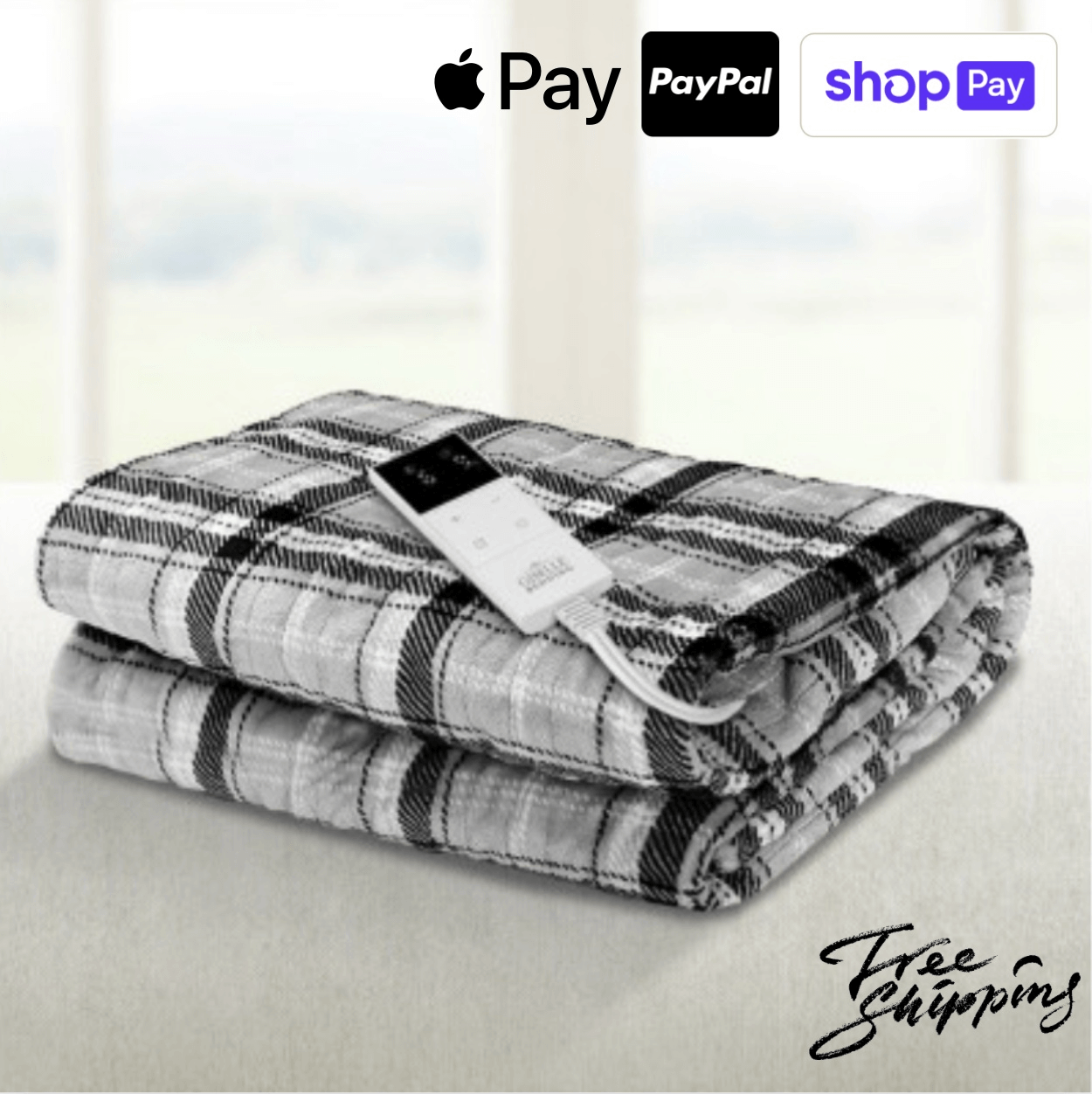 Adorearth™ electric throw rug folded on table, remote control visible, available for purchase with Apple Pay, PayPal, and Shop Pay, free shipping.