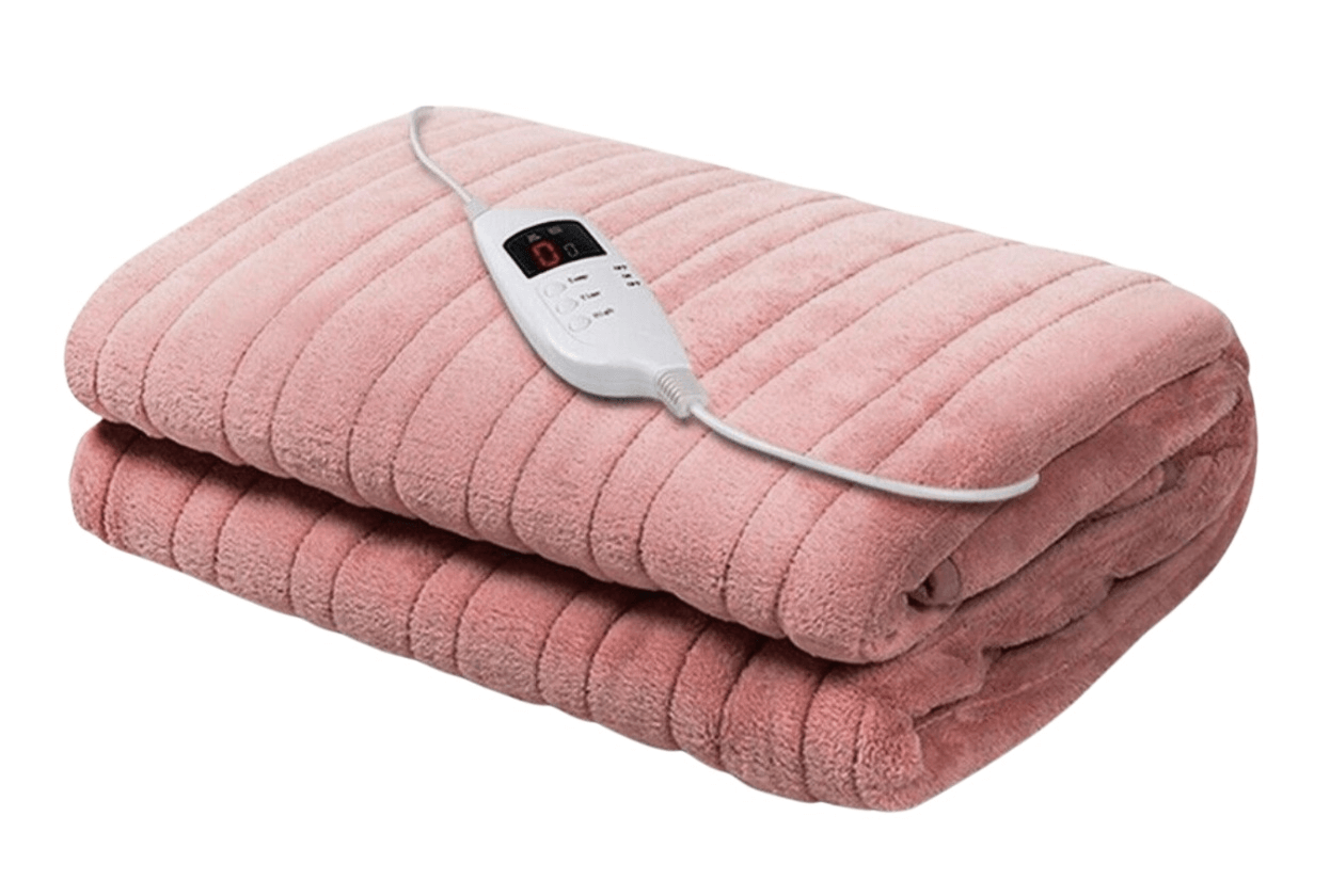 Adorearth™ Electric Throw Rug in pink, folded with a remote control for adjustable heating.
