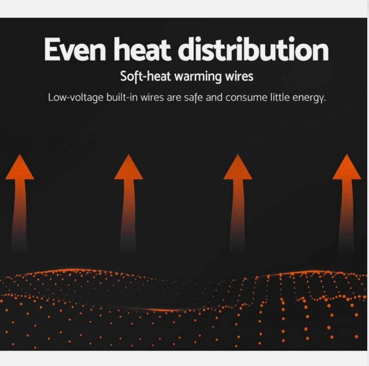 Even heat distribution illustration for Adorearth™ fitted electric blanket with soft-heat warming wires and low-energy consumption.