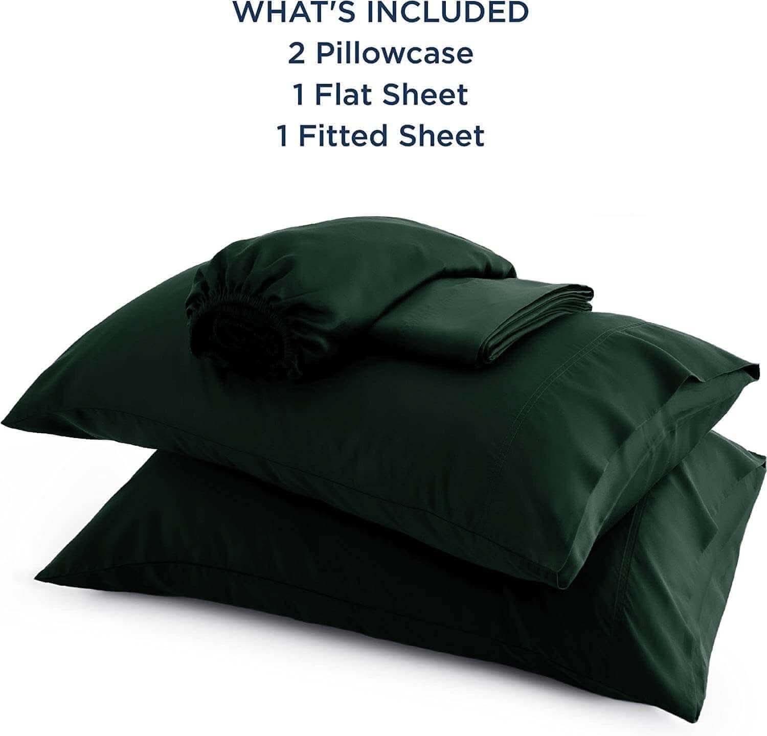 Stacked set of dark green bamboo pillowcases, showcasing their silky smooth texture and luxurious quality. These bamboo bed sheets and pillowcases are ultra-soft, breathable, and hypoallergenic for a comfortable and restful sleep