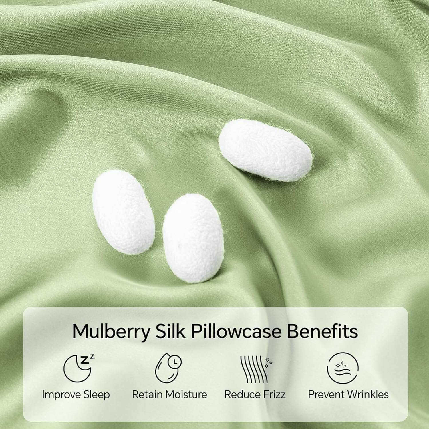 Close-up of a luxurious light green silk pillow case with smooth, glossy fabric and silk cocoons, highlighting its premium mulberry silk material. This silk pillow case is ultra-soft, breathable, and designed for hair and skin benefits