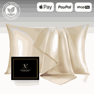 Luxurious champagne-colored silk pillow case set, featuring ultra-soft and smooth fabric for a comfortable and elegant sleep experience. This silk pillow case is breathable, hypoallergenic, and designed to protect hair and skin while enhancing bedroom aes