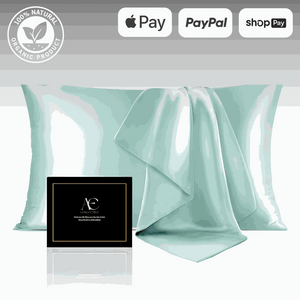 Luxurious light blue silk pillow case set, featuring ultra-soft and smooth fabric for a comfortable and elegant sleep experience. This silk pillow case is breathable, hypoallergenic, and designed to protect hair and skin while enhancing bedroom aesthetics