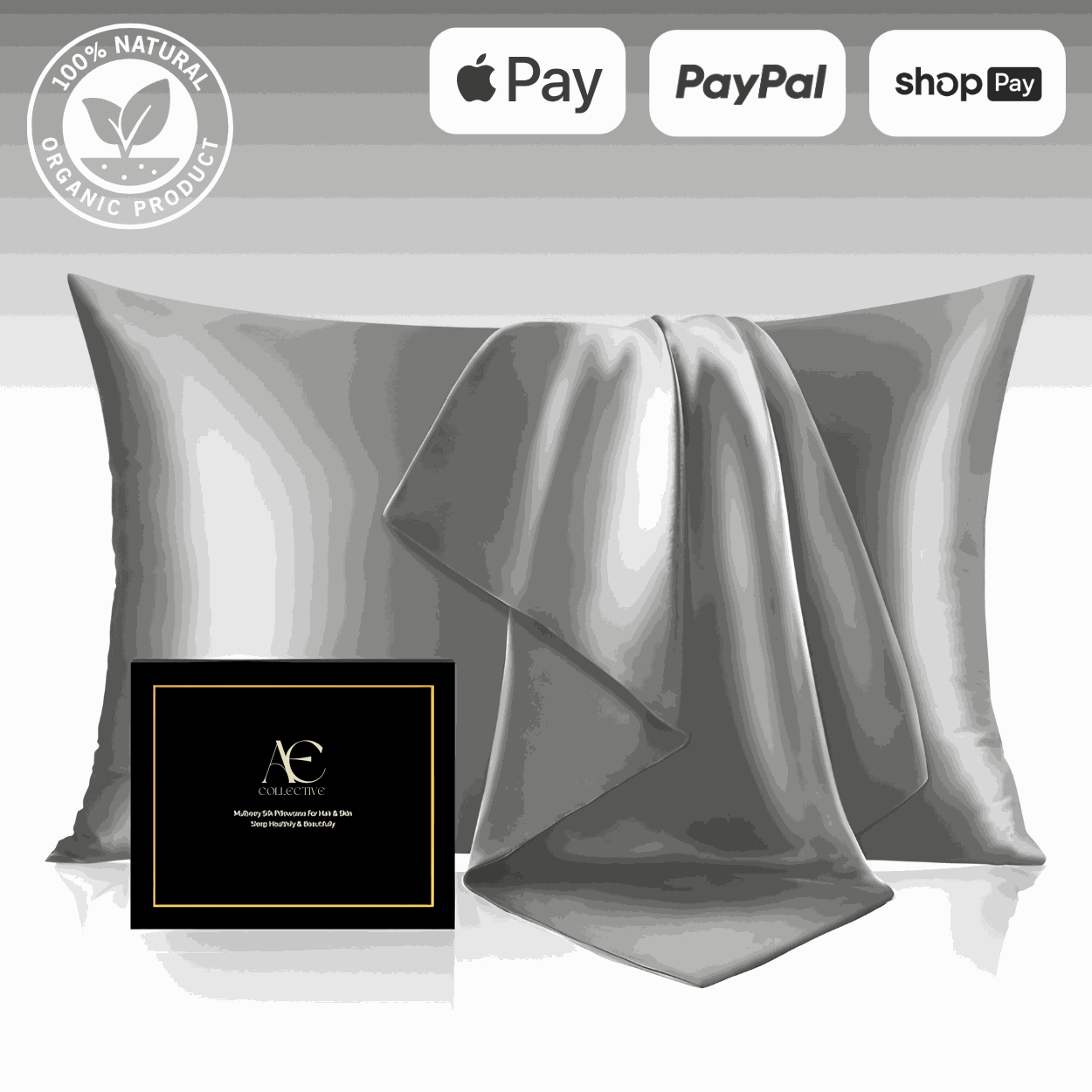 Luxurious silver silk pillow case set, featuring ultra-soft and smooth fabric for a comfortable and elegant sleep experience. This silk pillow case is breathable, hypoallergenic, and designed to protect hair and skin while enhancing bedroom aesthetics.