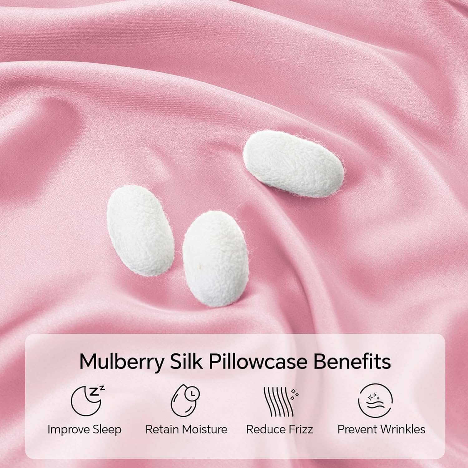 Close-up of a luxurious pink silk pillow case with smooth, glossy fabric and silk cocoons, highlighting its premium mulberry silk material. This silk pillow case is ultra-soft, breathable, and designed for hair and skin benefits.