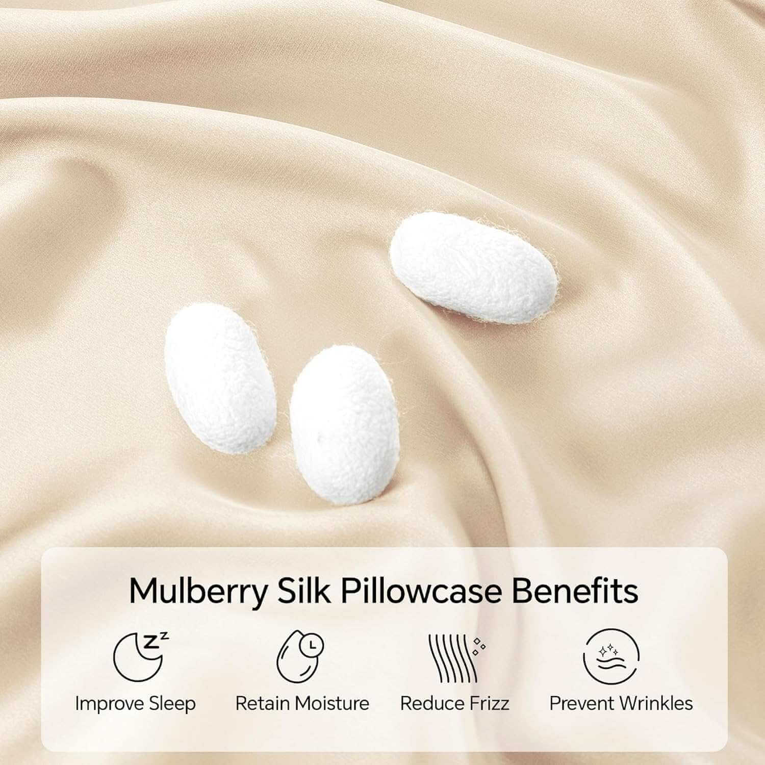 Close-up of a luxurious champagne-colored silk pillow case with smooth, glossy fabric and silk cocoons, highlighting its premium mulberry silk material. This silk pillow case is ultra-soft, breathable, and designed for hair and skin benefits.