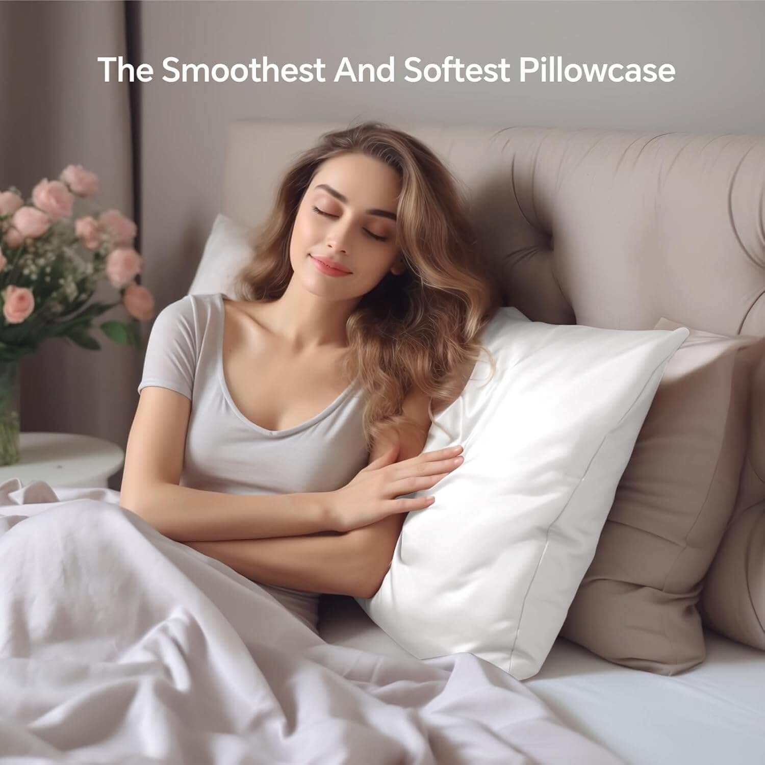 Woman relaxing on a bed with a luxurious white silk pillow case, highlighting its ultra-soft and smooth texture. This silk pillow case is designed for ultimate comfort, skin-friendly benefits, and hair protection for a restful sleep.