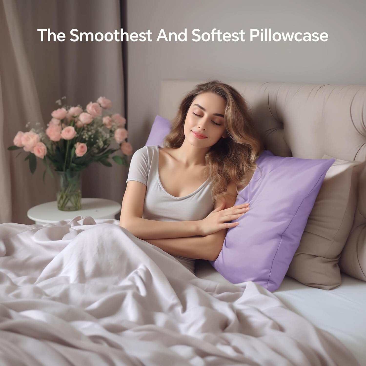 Woman relaxing on a bed with a luxurious lavender silk pillow case, highlighting its ultra-soft and smooth texture. This silk pillow case is designed for ultimate comfort, skin-friendly benefits, and hair protection for a restful sleep.