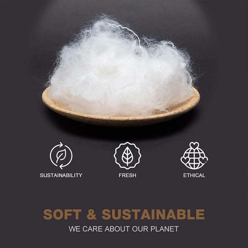 Soft and sustainable fiber material displayed on a plate, highlighting Adoreearth's commitment to sustainability, freshness, and ethical practices. The image features text 'Soft & Sustainable' with icons representing 'Sustainability,' 'Fresh,' and 'Ethical,' accompanied by the slogan 'We care about our planet.