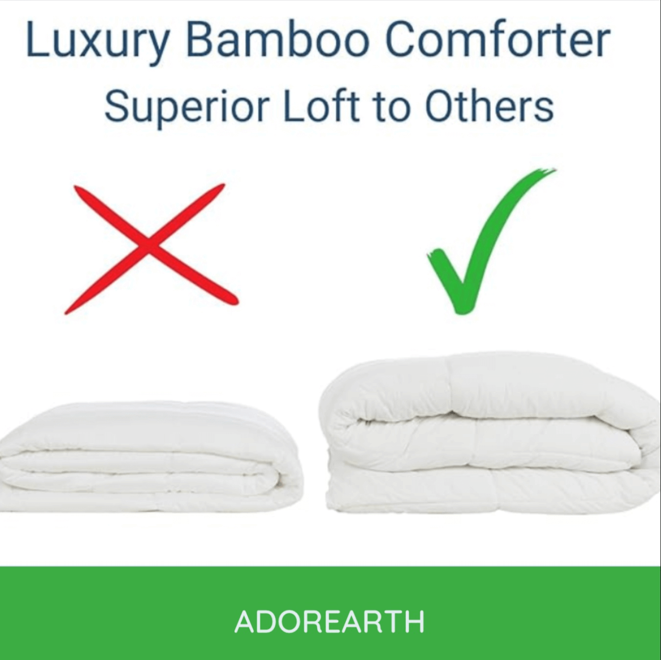 Adoreearth luxury Organic Bamboo Microfibre Quilt comparison, showing superior loft compared to others. The image features two comforters side by side; the Adoreearth comforter on the right with a green check mark has more loft, while the other comforter on the left with a red cross mark has less loft. The text highlights 'Luxury Bamboo Comforter' and 'Superior Loft to Others.' Adoreearth logo at the bottom.
