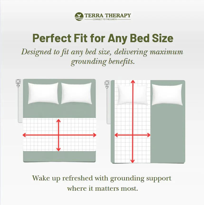 Size guide for grounding sheet, illustrating compatibility with various bed sizes for optimal sleep and wellness benefits.