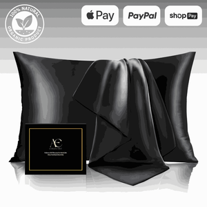 Luxurious black silk pillow case set, featuring ultra-soft and smooth fabric for a comfortable and elegant sleep experience. This silk pillow case is breathable, hypoallergenic, and designed to protect hair and skin while enhancing bedroom aesthetics.