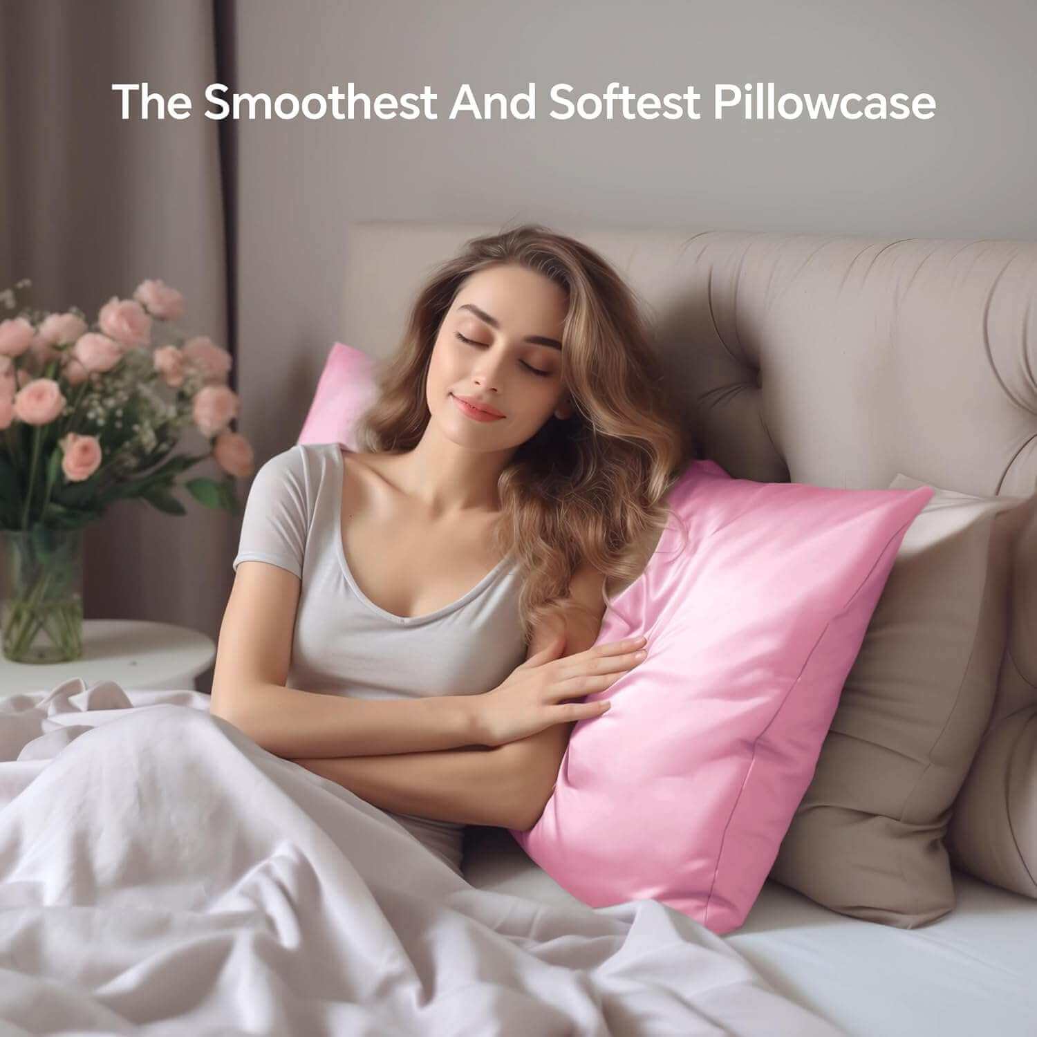 Woman relaxing on a bed with a luxurious pink silk pillow case, highlighting its ultra-soft and smooth texture. This silk pillow case is designed for ultimate comfort, skin-friendly benefits, and hair protection for a restful sleep.