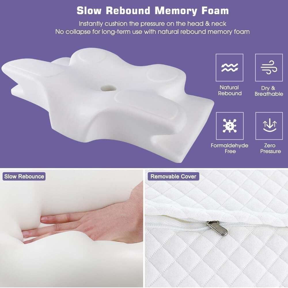 White butterfly pillow made of slow rebound memory foam shown on a purple background with icons highlighting features like breathability, softness, and resilience. Additional close-up images show the memory foam texture and zippered removable cover.