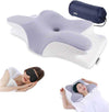 Butterfly pillow with an ergonomic, contoured design in white and grey, shown with a small navy-blue travel bag. Additional insets show people sleeping on their backs and sides, demonstrating the pillow's support for different sleeping positions
