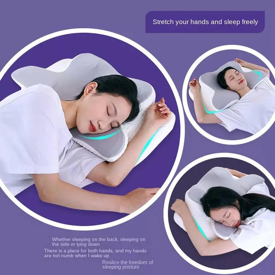 Three women shown sleeping in various positions on a butterfly pillow, highlighting side and back sleeping support. Set on a purple background with circular frames, the image demonstrates the pillow’s ergonomic contouring and comfort during sleep.