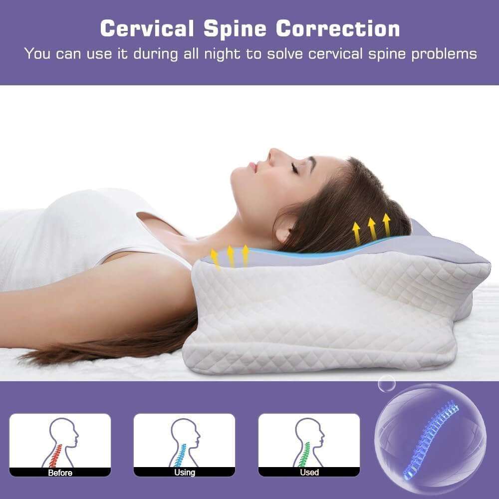 Woman lying on a butterfly pillow designed for cervical spine support, with highlighted neck alignment. The image includes text that promotes posture correction and four smaller icons showcasing pillow features like ergonomic design, breathable material, 