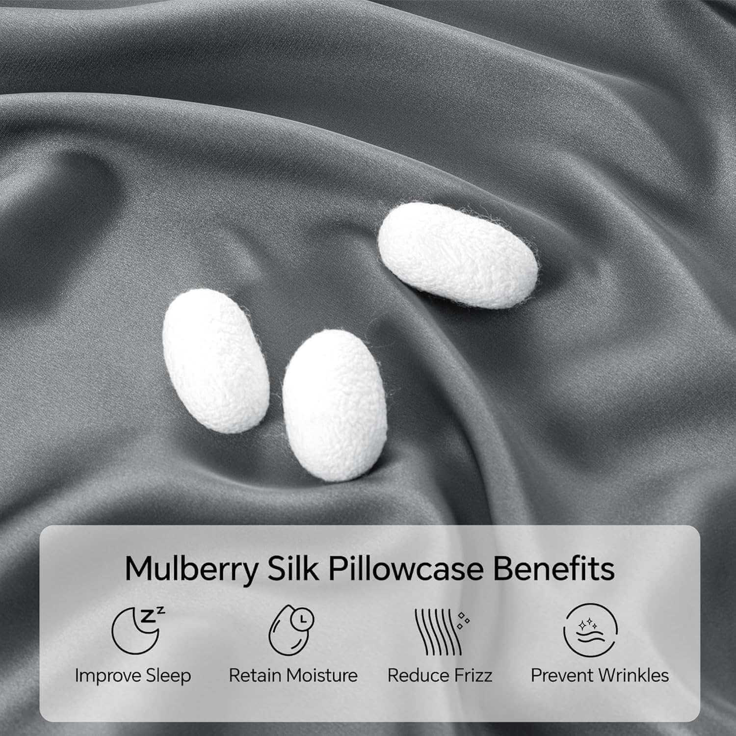 Close-up of a luxurious silver silk pillow case with smooth, glossy fabric and silk cocoons, highlighting its premium mulberry silk material. This silk pillow case is ultra-soft, breathable, and designed for hair and skin benefits.