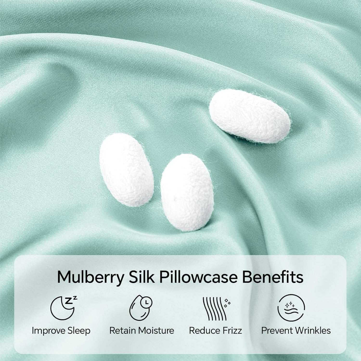 Close-up of a luxurious light blue silk pillow case with smooth, glossy fabric and silk cocoons, highlighting its premium mulberry silk material. This silk pillow case is ultra-soft, breathable, and designed for hair and skin benefits