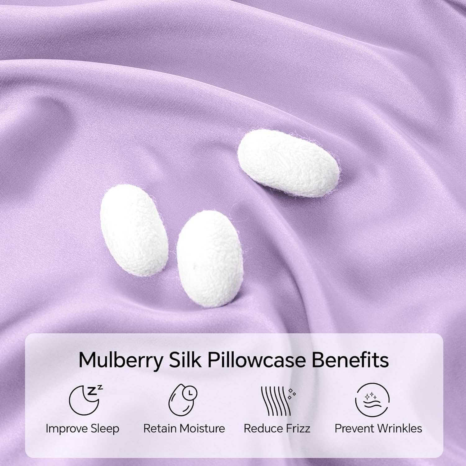Close-up of a luxurious lavender silk pillow case with smooth, glossy fabric and silk cocoons, highlighting its premium mulberry silk material. This silk pillow case is ultra-soft, breathable, and designed for hair and skin benefits.
