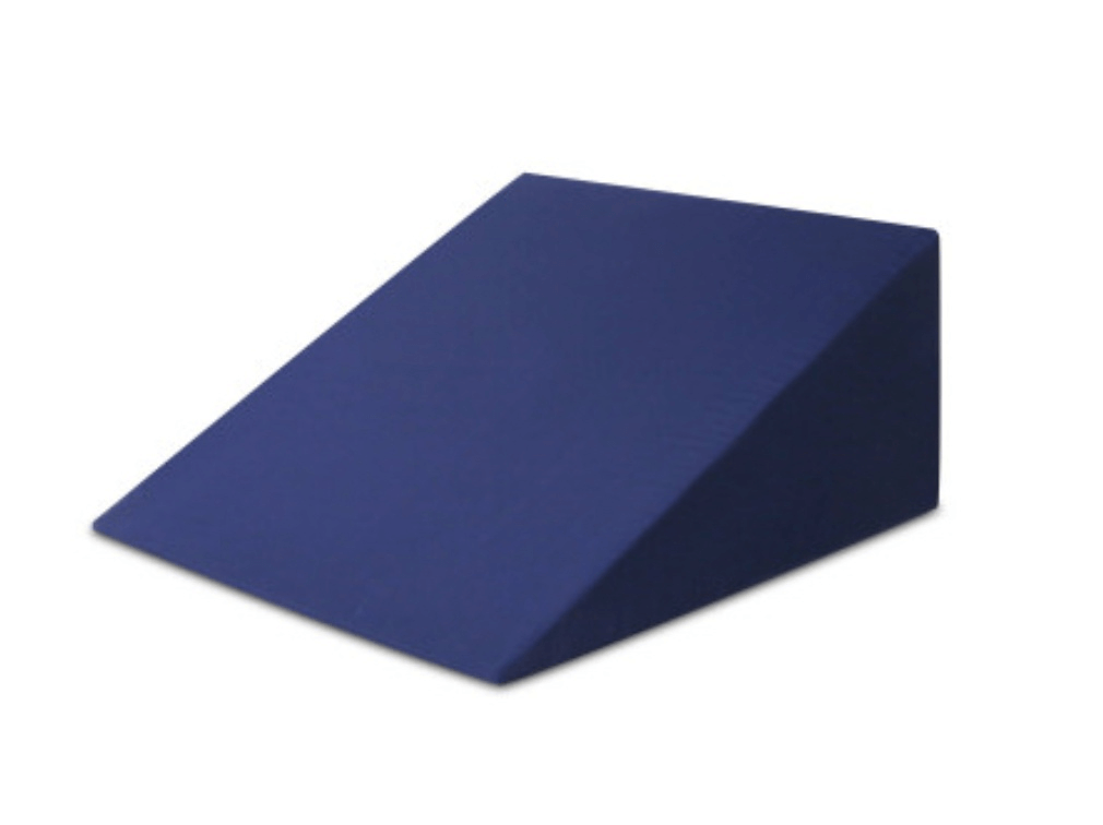 Navy blue wedge pillow for elevated back and leg support.