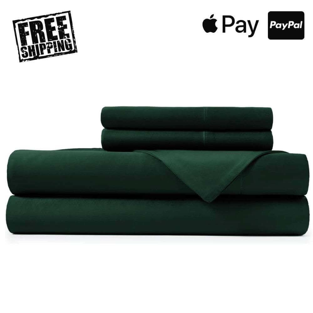 Neatly folded set of dark green bamboo bed sheets, showcasing their ultra-soft and breathable fabric. These bamboo sheets are hypoallergenic, moisture-wicking, and designed for luxurious comfort and durability.