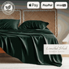 Luxurious dark green bamboo bed sheets draped over a bed, offering a sleek and elegant look. These bamboo sheets are ultra-soft, breathable, and hypoallergenic, providing exceptional comfort and durability for a restful sleep.