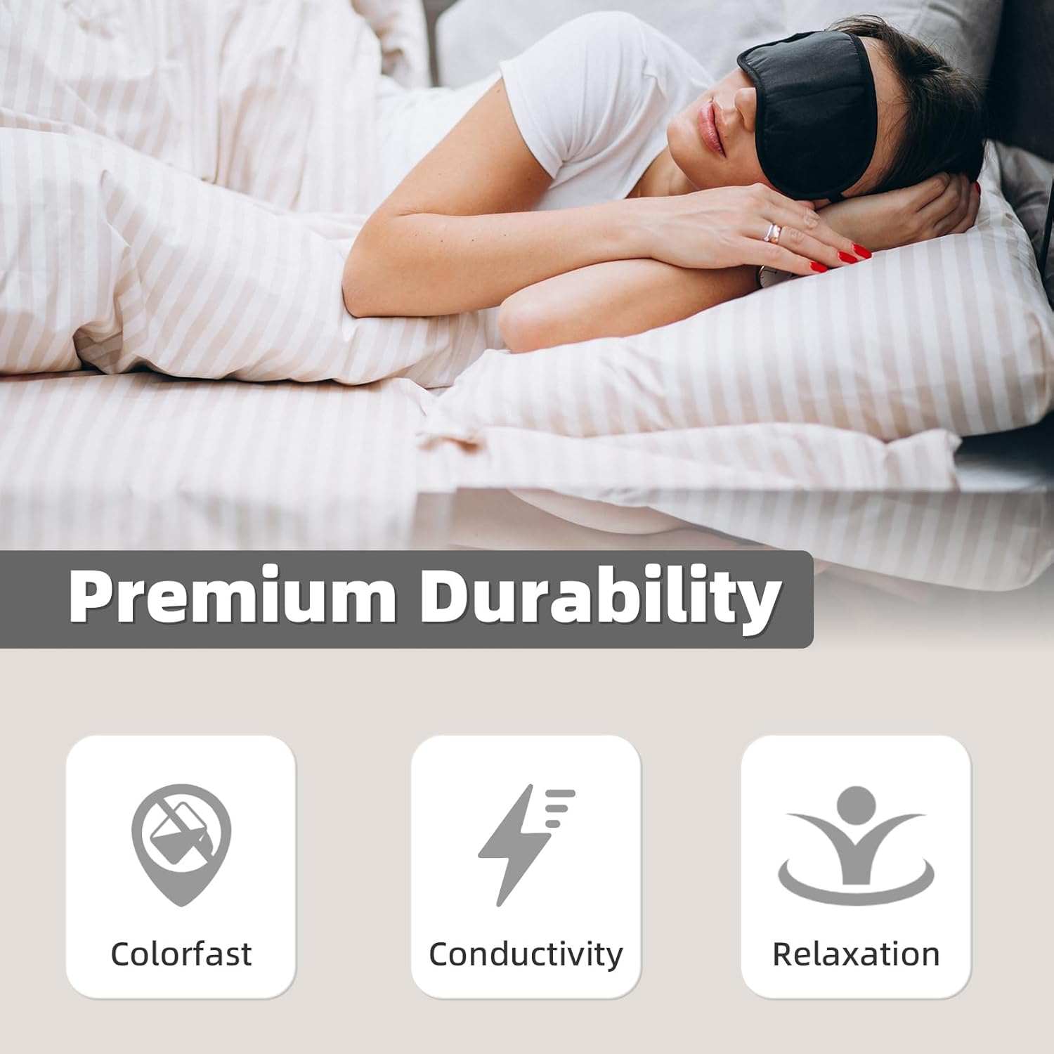 Person sleeping on a grounding sheet, highlighting its premium breathability, conductive fibers, and relaxation benefits for improved sleep quality