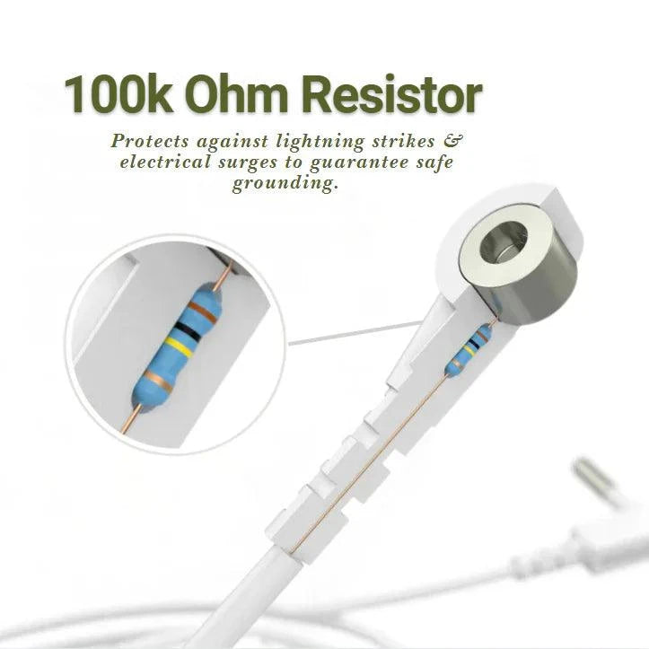 Close-up of a grounding sheet connection cable with a 100K ohm resistor, designed to safely connect to an earth source for improved well-being.