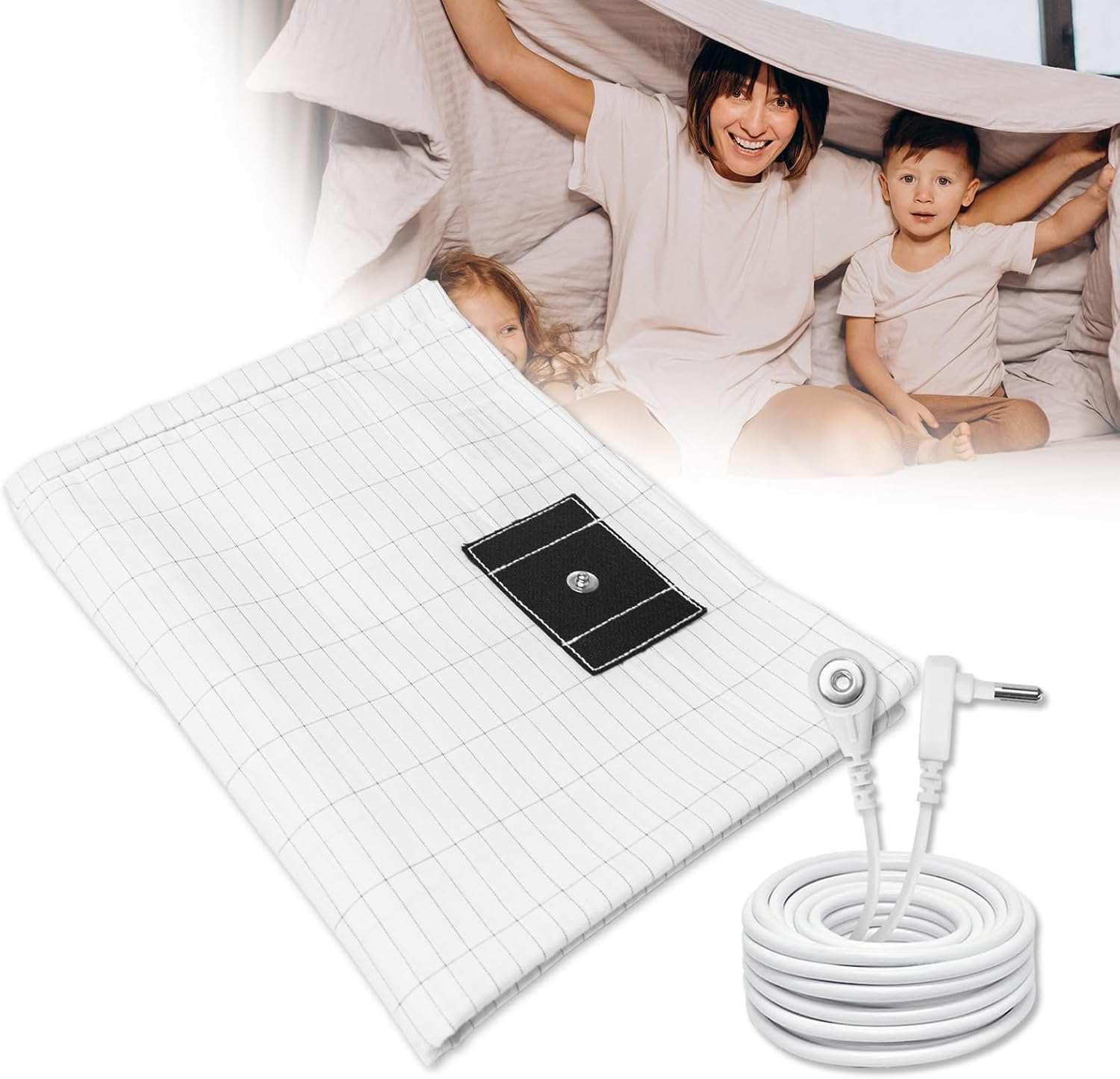 White grounding sheet with connection cable, designed to promote relaxation, improve sleep quality, and support overall well-being