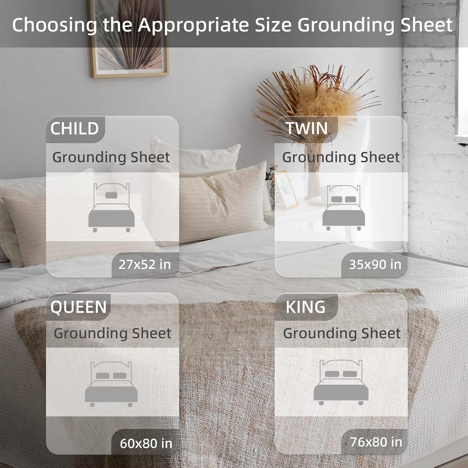 Different size options for grounding sheets, displayed on neatly made beds, designed to improve sleep quality and overall well-being