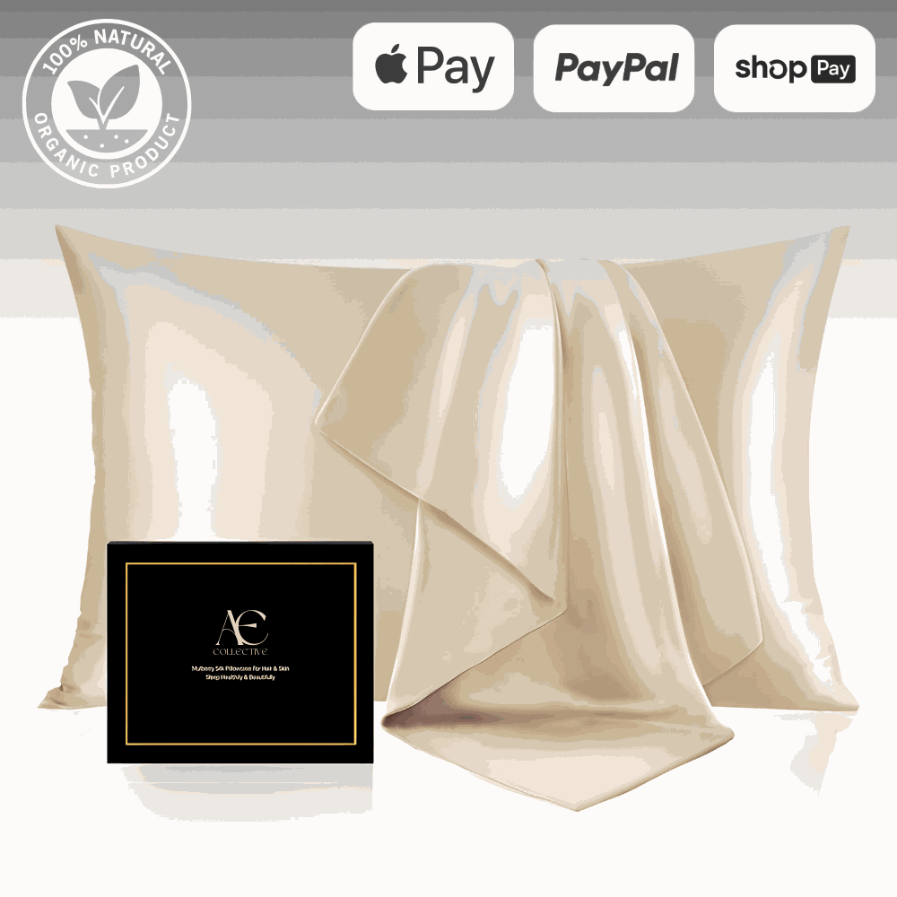 Luxurious champagne-colored silk pillow case set, featuring ultra-soft and smooth fabric for a comfortable and elegant sleep experience. This silk pillow case is breathable, hypoallergenic, and designed to protect hair and skin while enhancing bedroom aes