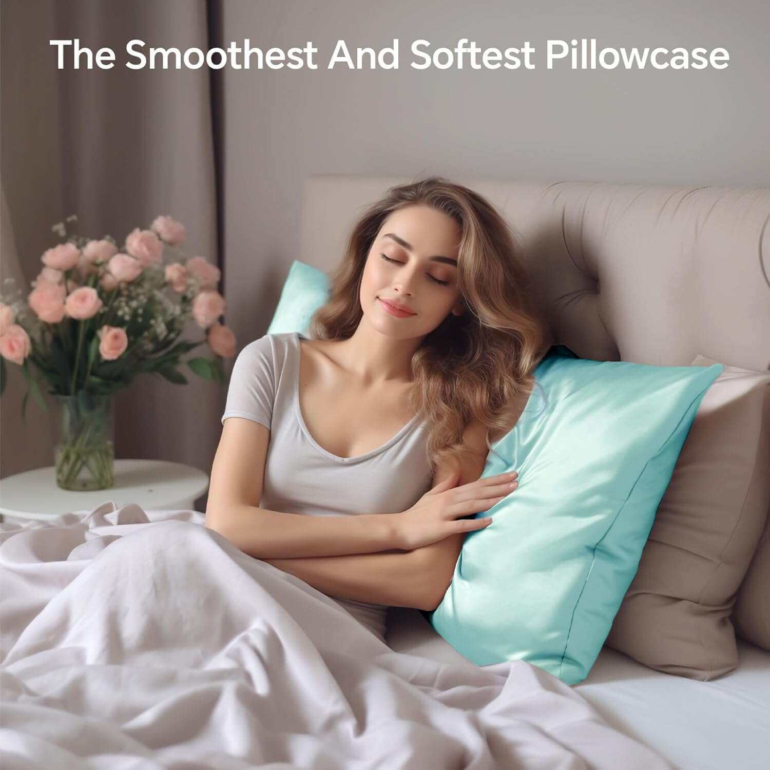 Woman relaxing on a bed with a luxurious light blue silk pillow case, highlighting its ultra-soft and smooth texture. This silk pillow case is designed for ultimate comfort, skin-friendly benefits, and hair protection for a restful sleep.