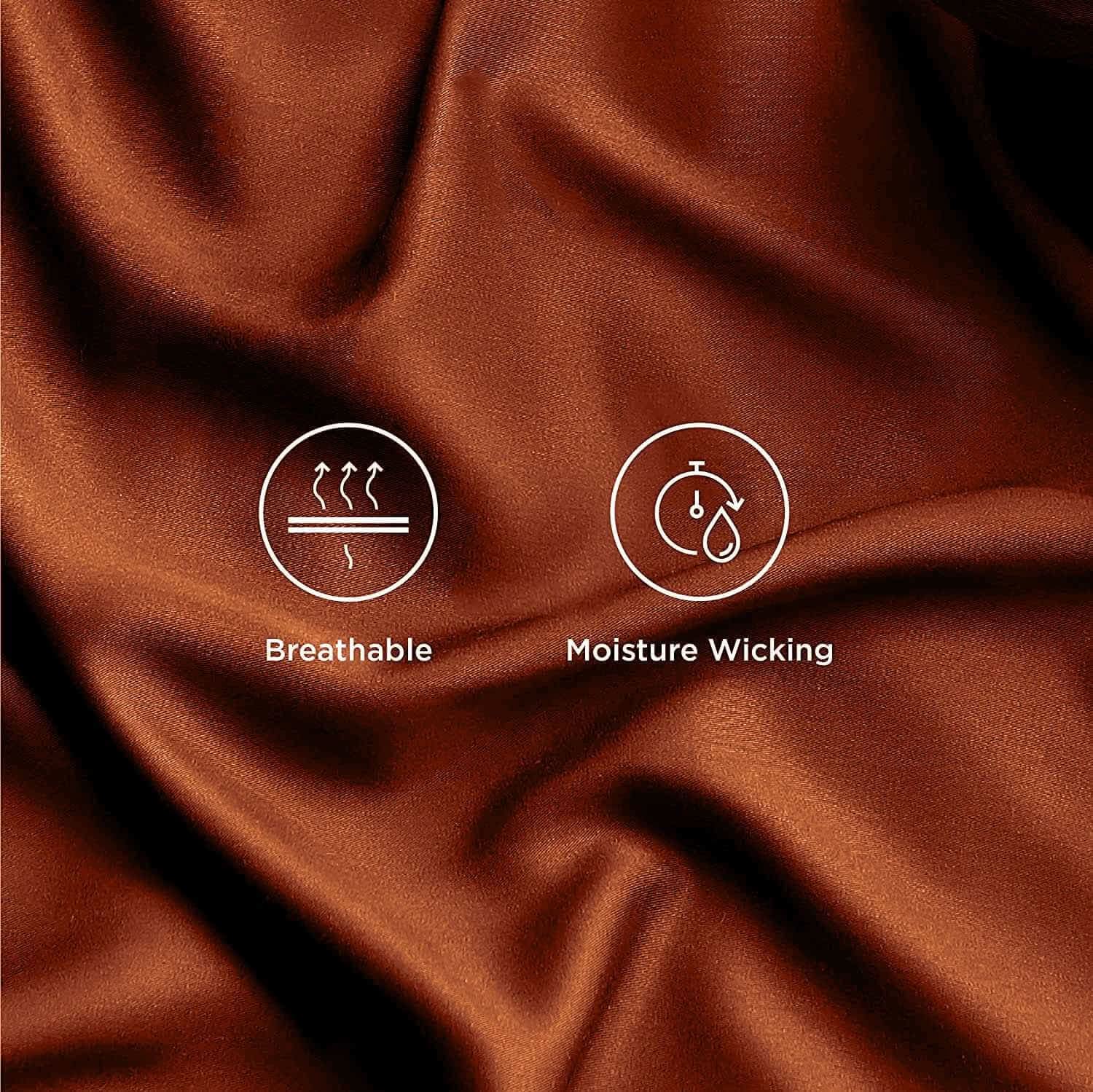 Close-up of smooth and silky brown bamboo sheets, showcasing their luxurious texture and soft drape. These bamboo bed sheets are breathable, hypoallergenic, and designed for ultimate comfort and elegance