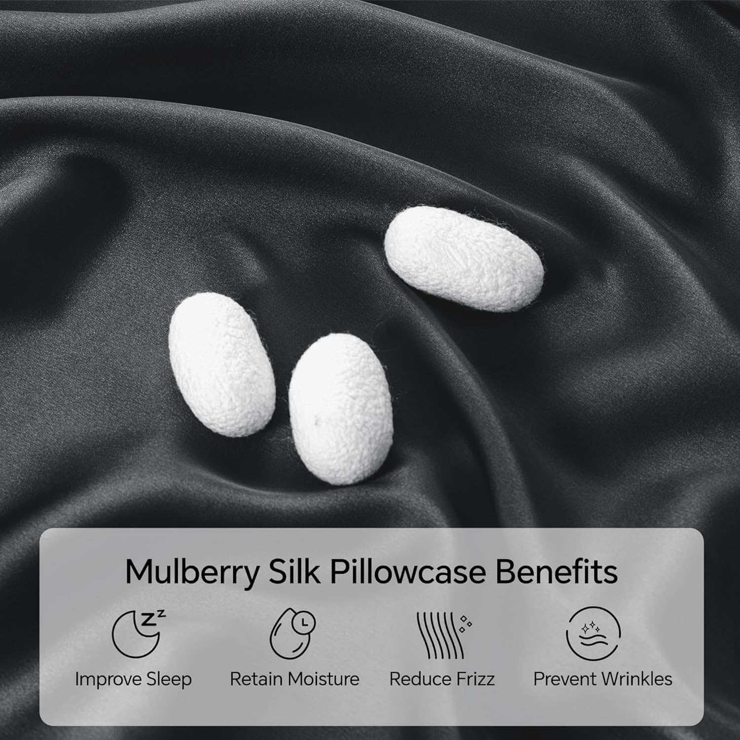 Close-up of a luxurious black silk pillow case with smooth, glossy fabric and silk cocoons, highlighting its premium mulberry silk material. This silk pillow case is ultra-soft, breathable, and designed for hair and skin benefits