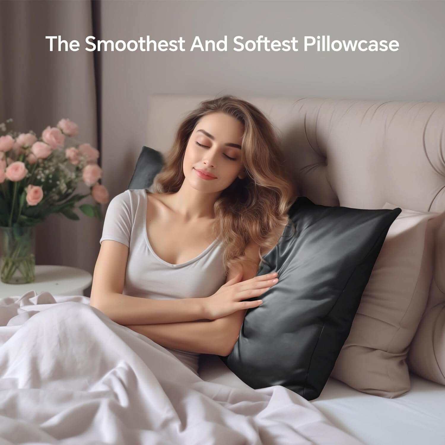 Woman relaxing on a bed with a luxurious black silk pillow case, highlighting its ultra-soft and smooth texture. This silk pillow case is designed for ultimate comfort, skin-friendly benefits, and hair protection for a restful sleep
