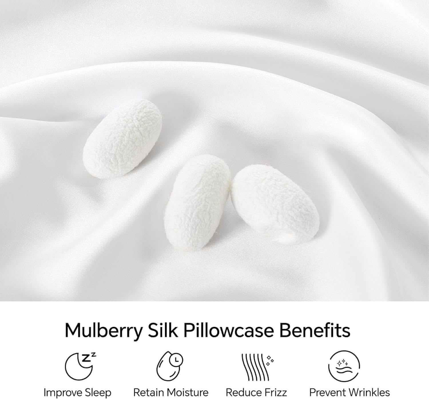 Close-up of a luxurious white silk pillow case with smooth, glossy fabric and silk cocoons, highlighting its premium mulberry silk material. This silk pillow case is ultra-soft, breathable, and designed for hair and skin benefits.
